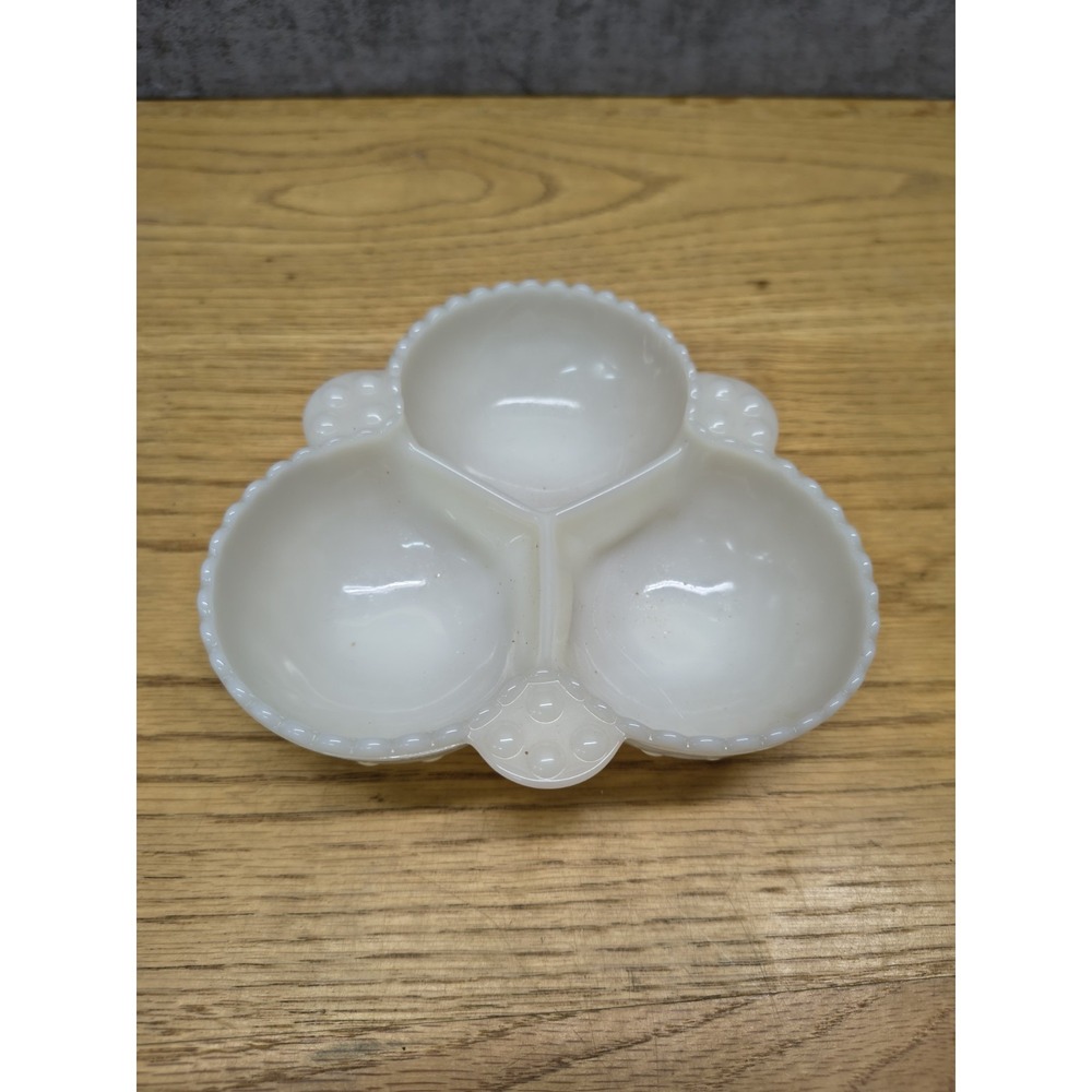Vintage Hobnail‎ White Milk Glass 3-Section Divided Relish Candy Serving Dish